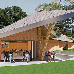 A group of people outside a building.